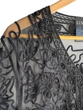 Vintage Beaded Sheer Mesh Jacket Sz L Black Floral Embroidered Evening Topper